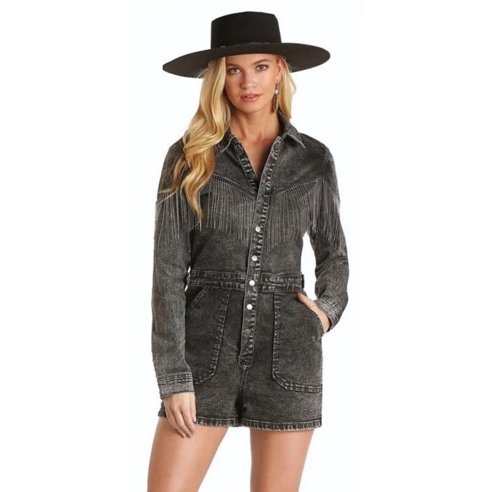 Rock & Roll‎ Denim Romper Womens Small Acid Wash Beaded Fringe Western Cowgirl